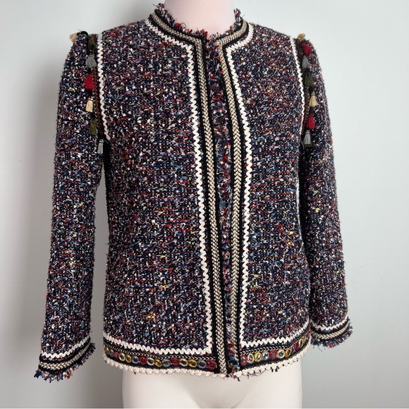 Zara Jackets & Blazers - Zara Woman Tweed Blazer Jacket Small Multicolor Parisian Chic Tassel Fringe Pom